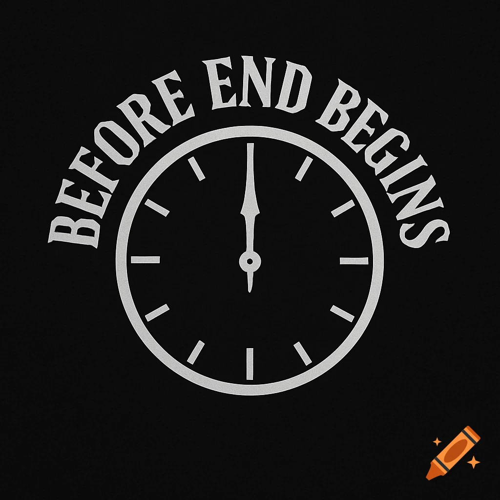 Minimalist black and white logo featuring a clock with its hands at the top, and the arched text "BEFORE END BEGINS" above it.