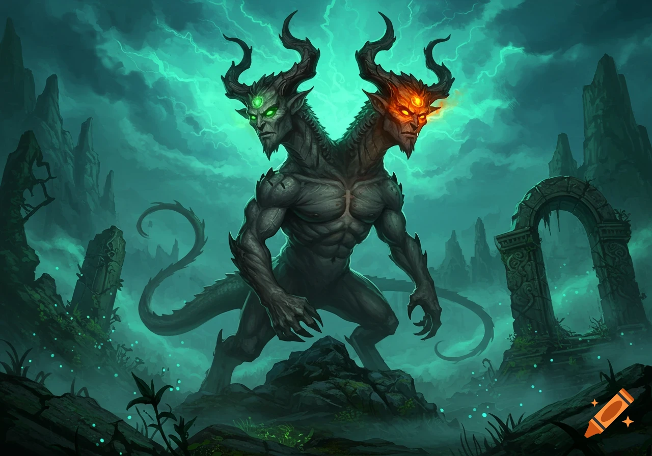 A two-headed, horned demon-like creature with glowing eyes stands in a misty, ruined landscape under a stormy green sky, fantasy art.