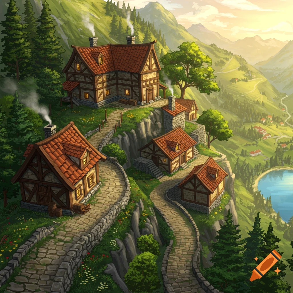 A charming, stylized village with medieval-style houses and winding paths on a green mountain slope overlooking a lake.