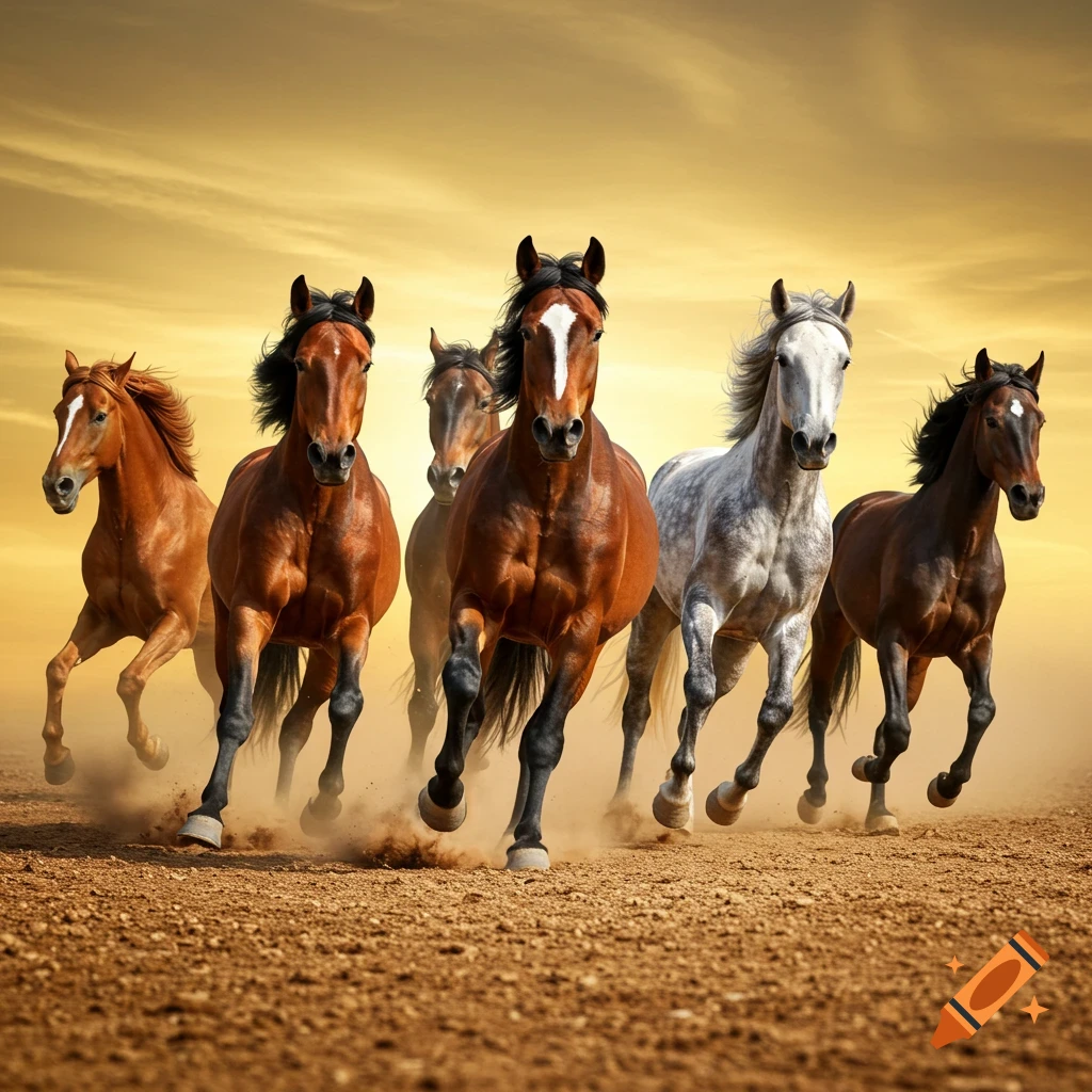 Seven majestic horses gallop dynamically across a dusty landscape under a golden sky, looking towards the viewer.
