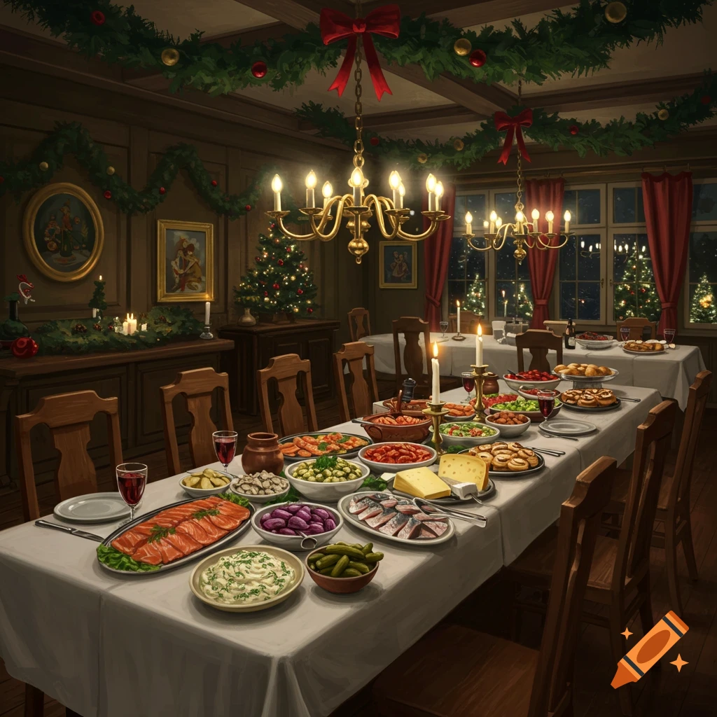 A richly decorated dining room set for a festive Christmas dinner, with a long table laden with various dishes and lit by chandeliers.