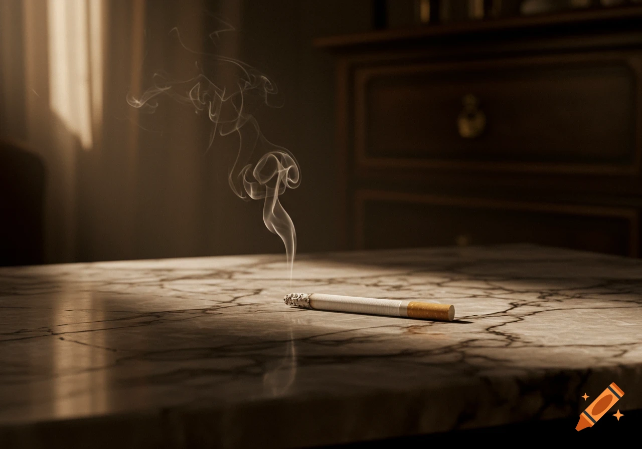 Lit cigarette with smoke rising on a marble table in a dimly lit room, photorealistic style.
