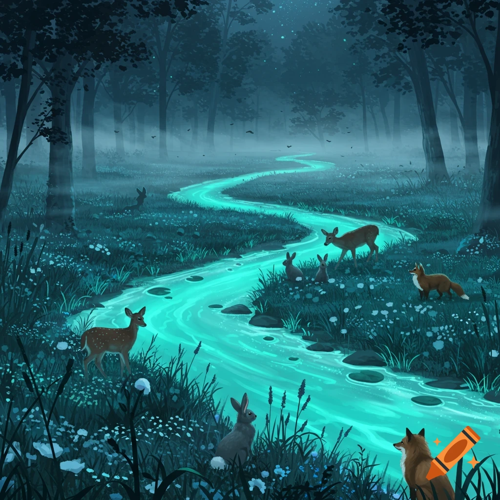A magical, misty forest at night with a glowing turquoise river. Deer, rabbits, and foxes gather among trees and wildflowers. Digital art.
