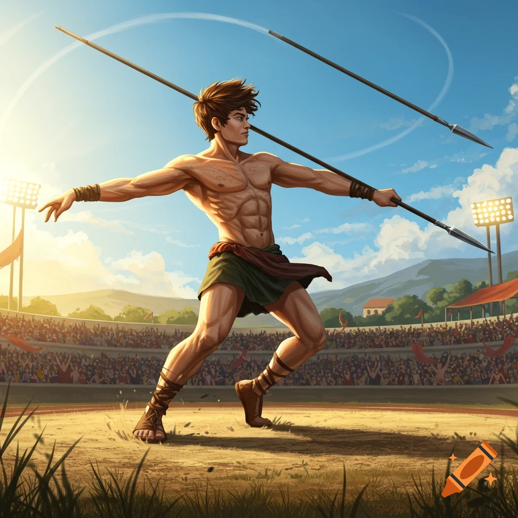 Illustrated depiction of a muscular young man in ancient attire throwing a javelin in a stadium filled with spectators.
