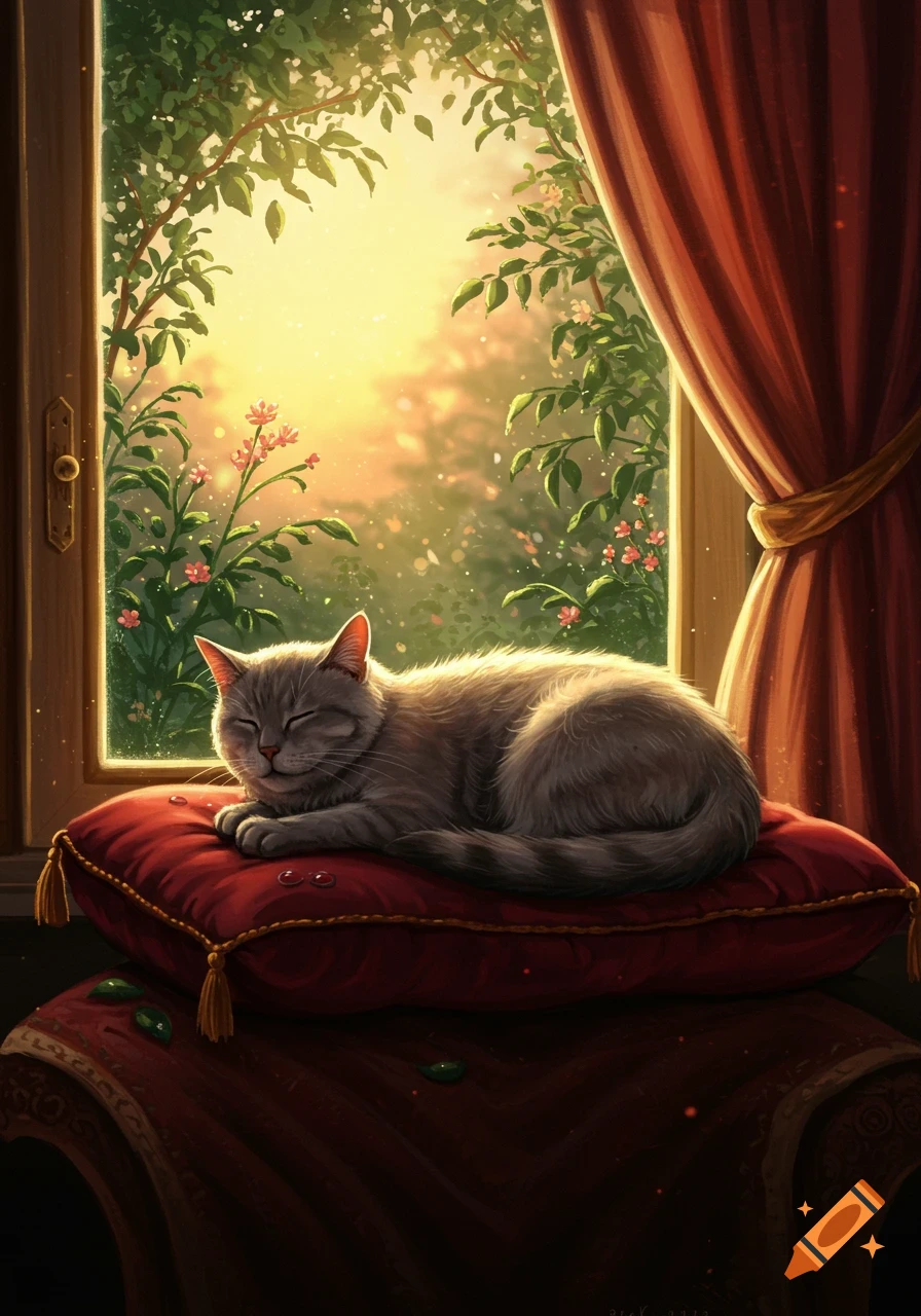 A gray cat sleeps on a red cushion by a sunlit window with green foliage outside, in an illustrative style.
