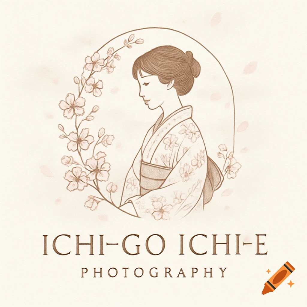 An elegant line art logo of a Japanese girl in a kimono, framed by cherry blossoms, with 'ICHI-GO ICHI-E PHOTOGRAPHY' text.