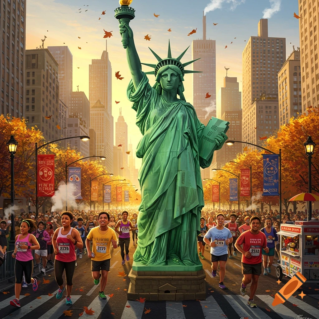 Statue of Liberty stands in a vibrant, autumn-themed street marathon with numerous runners and city buildings in the background.