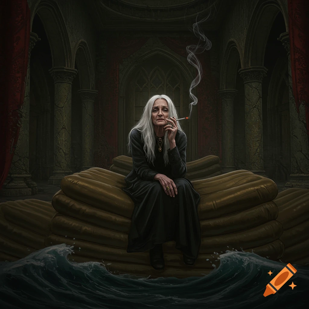 An old woman with long white hair sits smoking on inflatable mattresses in a dark, gothic, water-filled room.