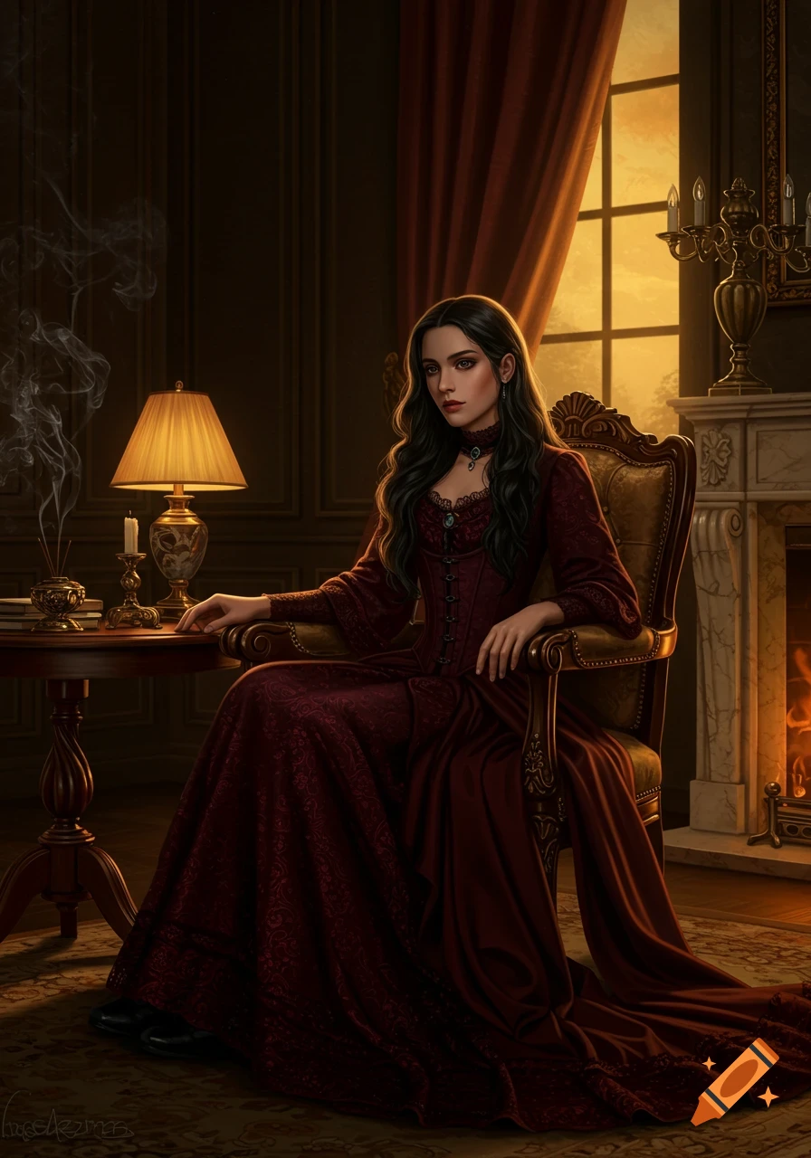 A young woman in a dark red Victorian dress sits in an ornate, dimly lit room, realistic illustration.