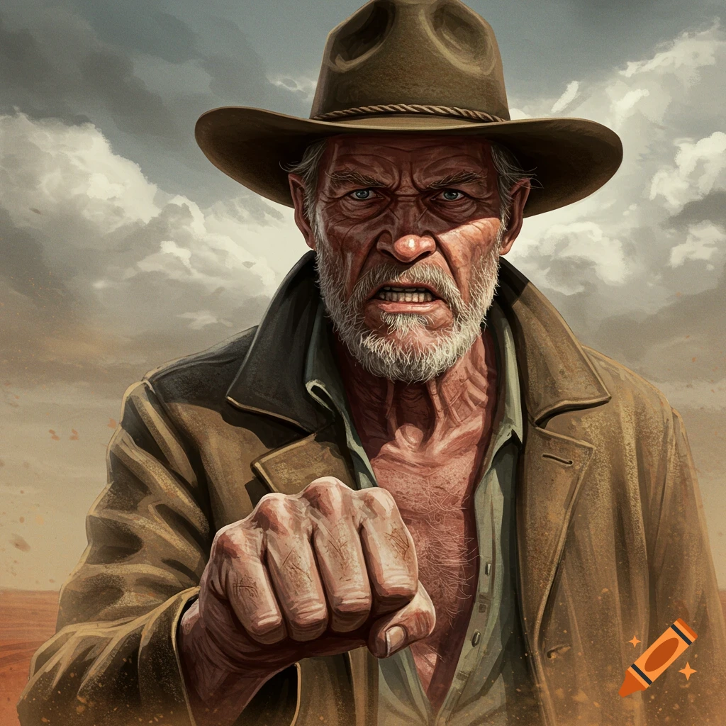 Angry old man in a cowboy hat, with a white beard and scowling face, clenching his fist forward, in a stylized illustration.