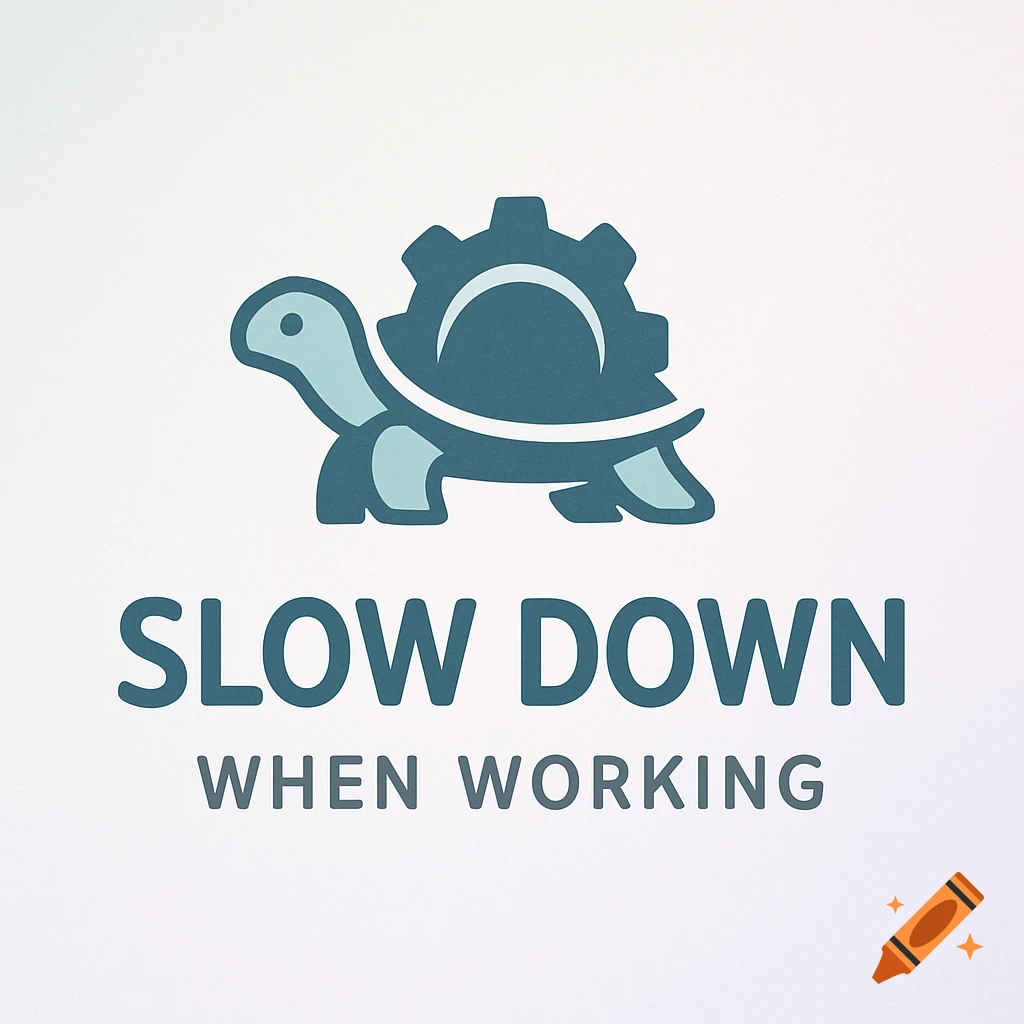A cartoon logo of a turtle with a gear on its shell above the words "SLOW DOWN WHEN WORKING".