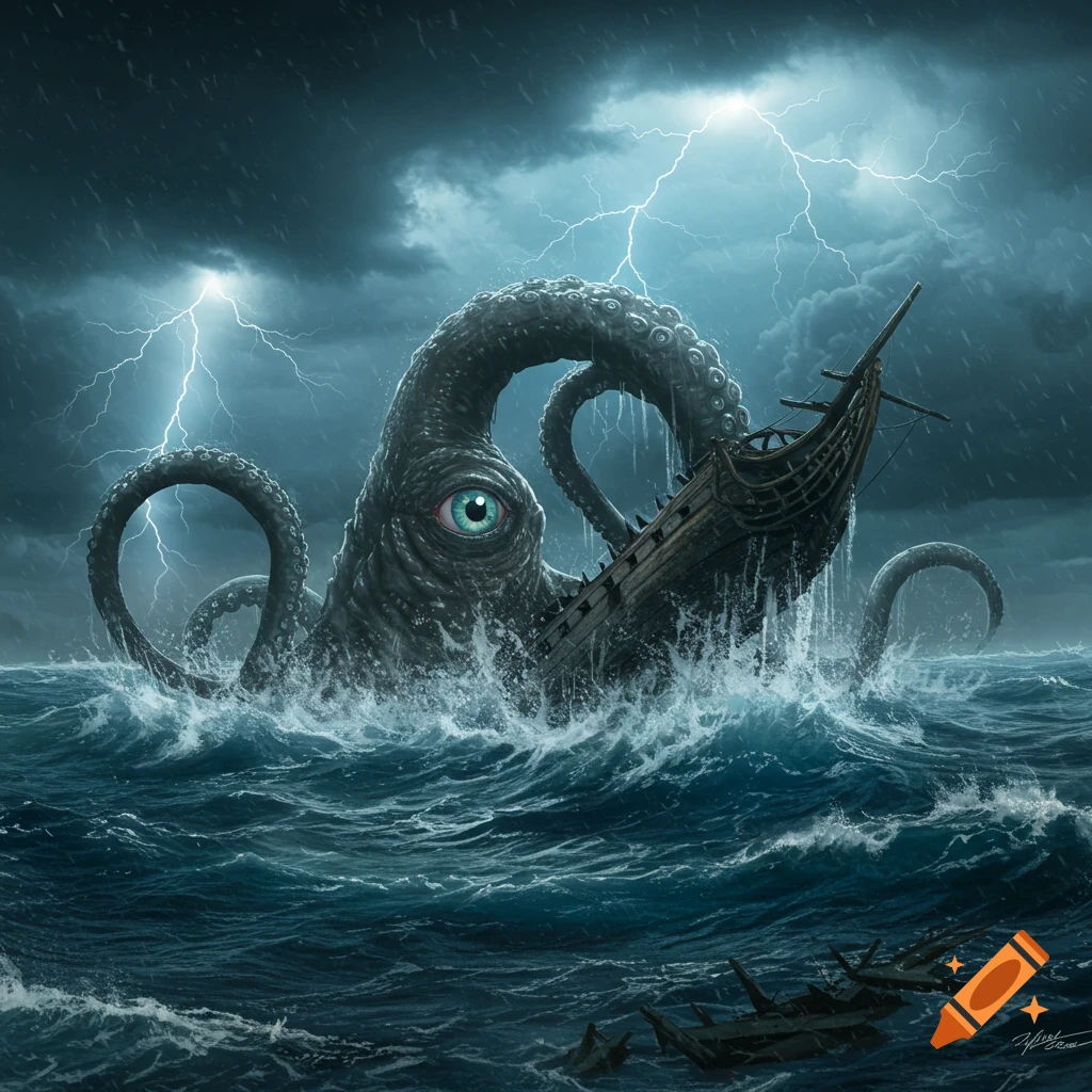 A gigantic, one-eyed Kraken lifts a broken ship from a stormy sea under a lightning-filled sky. Digital art.