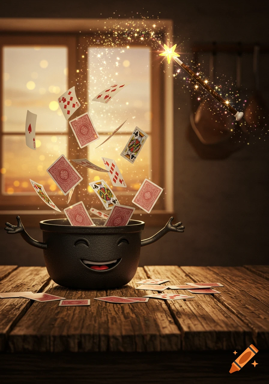 A whimsical scene with a smiling black pot on a wooden table, magically producing flying playing cards and golden sparkles from a glowing wand.