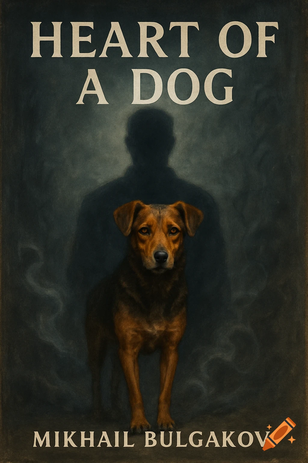 A moody book cover for 'Heart of a Dog' by Mikhail Bulgakov, featuring a brown dog in front of a shadowy human silhouette.