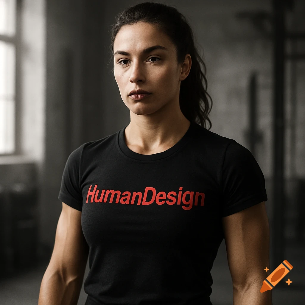 Photorealistic portrait of a fit woman in a black t-shirt with 'HumanDesign' in red, standing in a gym.