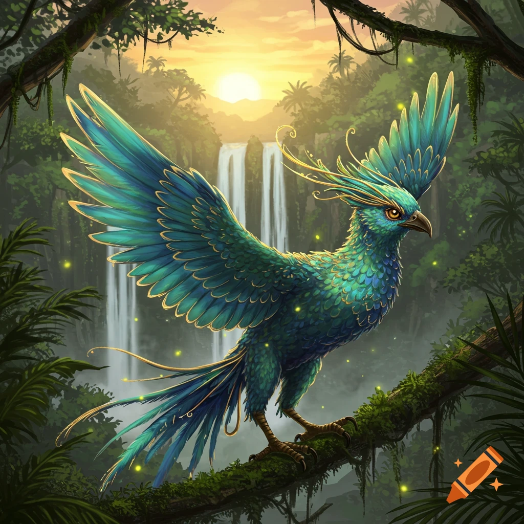 Vibrant blue-green fantasy bird with gold accents perched on a mossy branch in a lush jungle with waterfalls and a sunset.