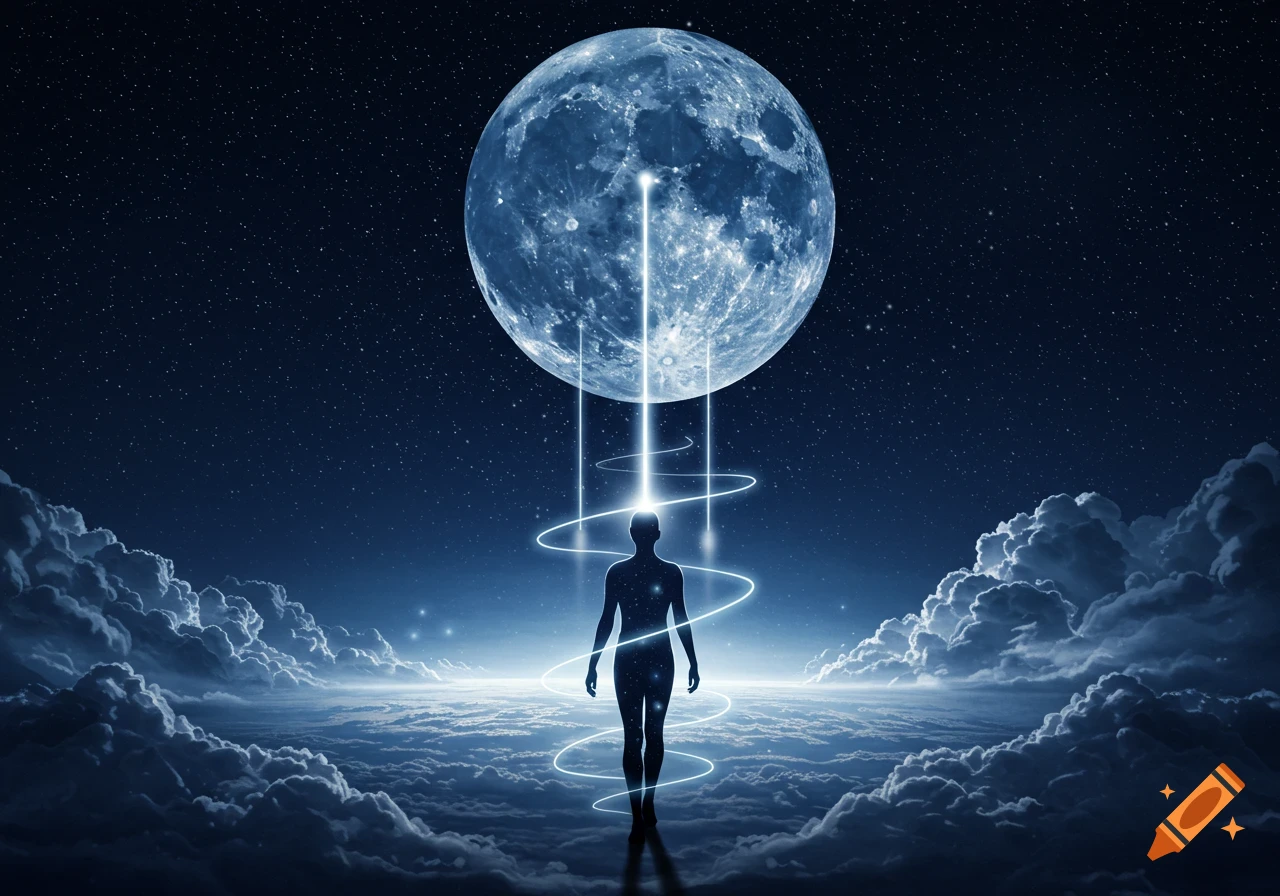 Silhouette of a person below a giant moon, illuminated by cosmic light beams and swirling energy over a cloudscape at night.