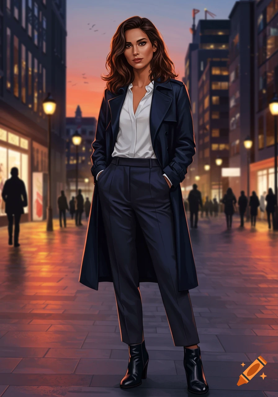 Stylish woman in a dark trench coat and pants stands on a vibrant city street at sunset, buildings and blurred figures in background.