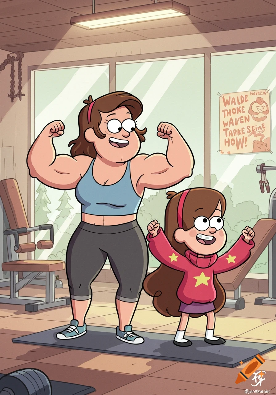 Mabel and her muscular mom flex at a gym, in Gravity Falls cartoon style.