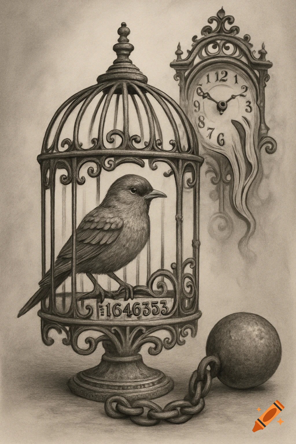 A bird in an ornate cage with a ball and chain, next to a melting grandfather clock, in a surreal gray wash drawing style.