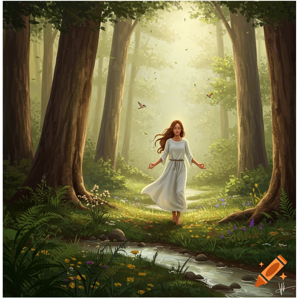 A woman in a white dress walks barefoot, meditating in a sunlit, lush fantasy forest with a flowing stream and small birds.