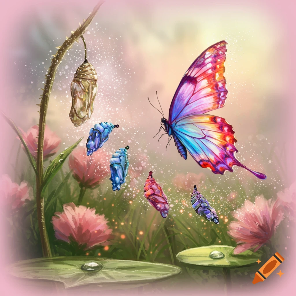 Vibrant illustrated butterfly flying near a thorny stem with chrysalises, pink flowers, and sparkling light.