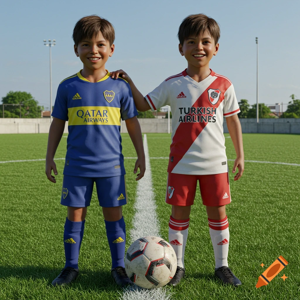 Two smiling children in blue and yellow, and red and white soccer jerseys, standing on a field with a ball. Photorealistic style.
