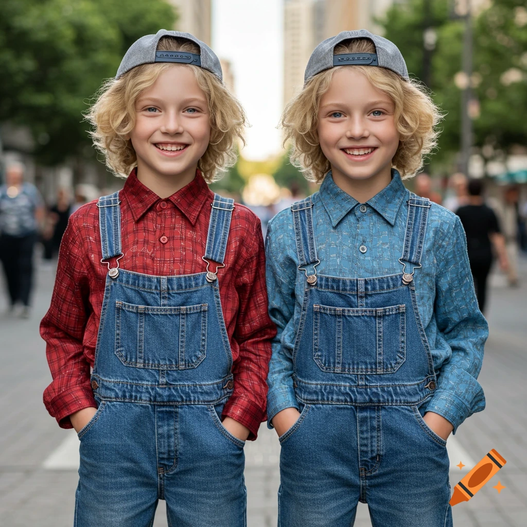 Two smiling identical blond twin boys in denim overalls and baseball caps stand on a city street, one in red plaid, one in blue plaid.