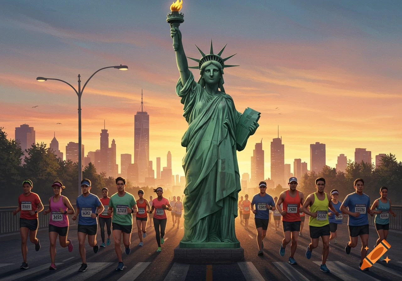 Statue of Liberty stands as runners participate in a marathon through a New York City street at sunset.