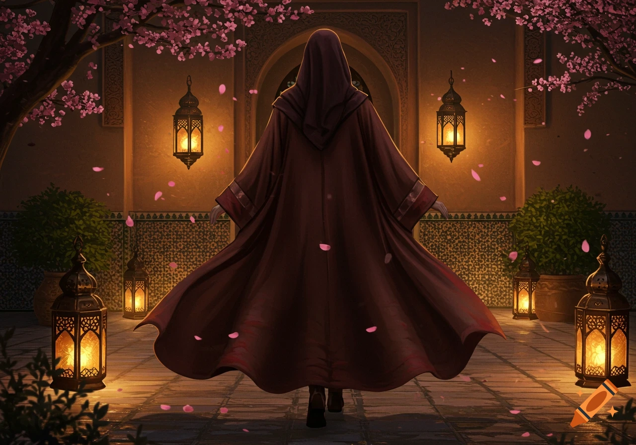 A mysterious robed figure from behind, walking through an ornate Arabian courtyard lit by lanterns under cherry blossoms.