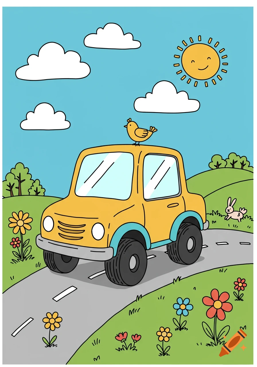 A vibrant cartoon illustration of a yellow car with a bird on its roof, driving on a road through green hills with flowers under a smiling sun.