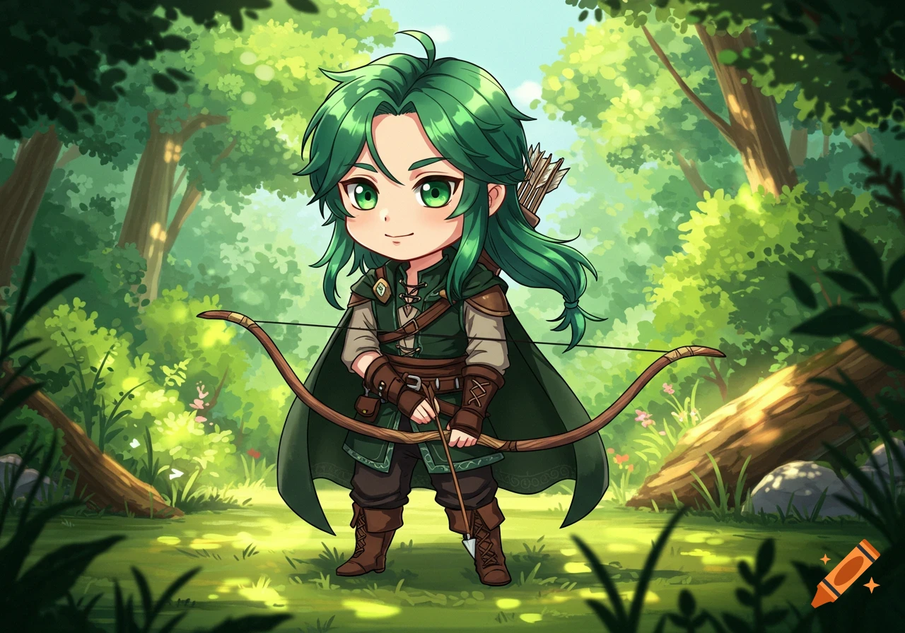 A cute chibi male archer with long green hair, dark green tunic, and a wooden bow stands in a bright forest in a cartoon style.