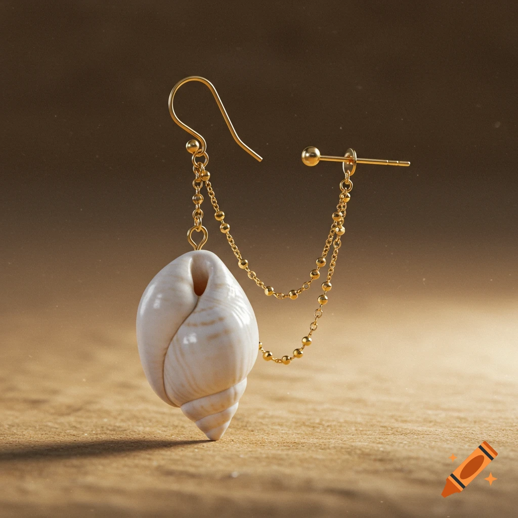 A golden earring with a white spiral seashell, connected by chains, against a warm, sandy background.