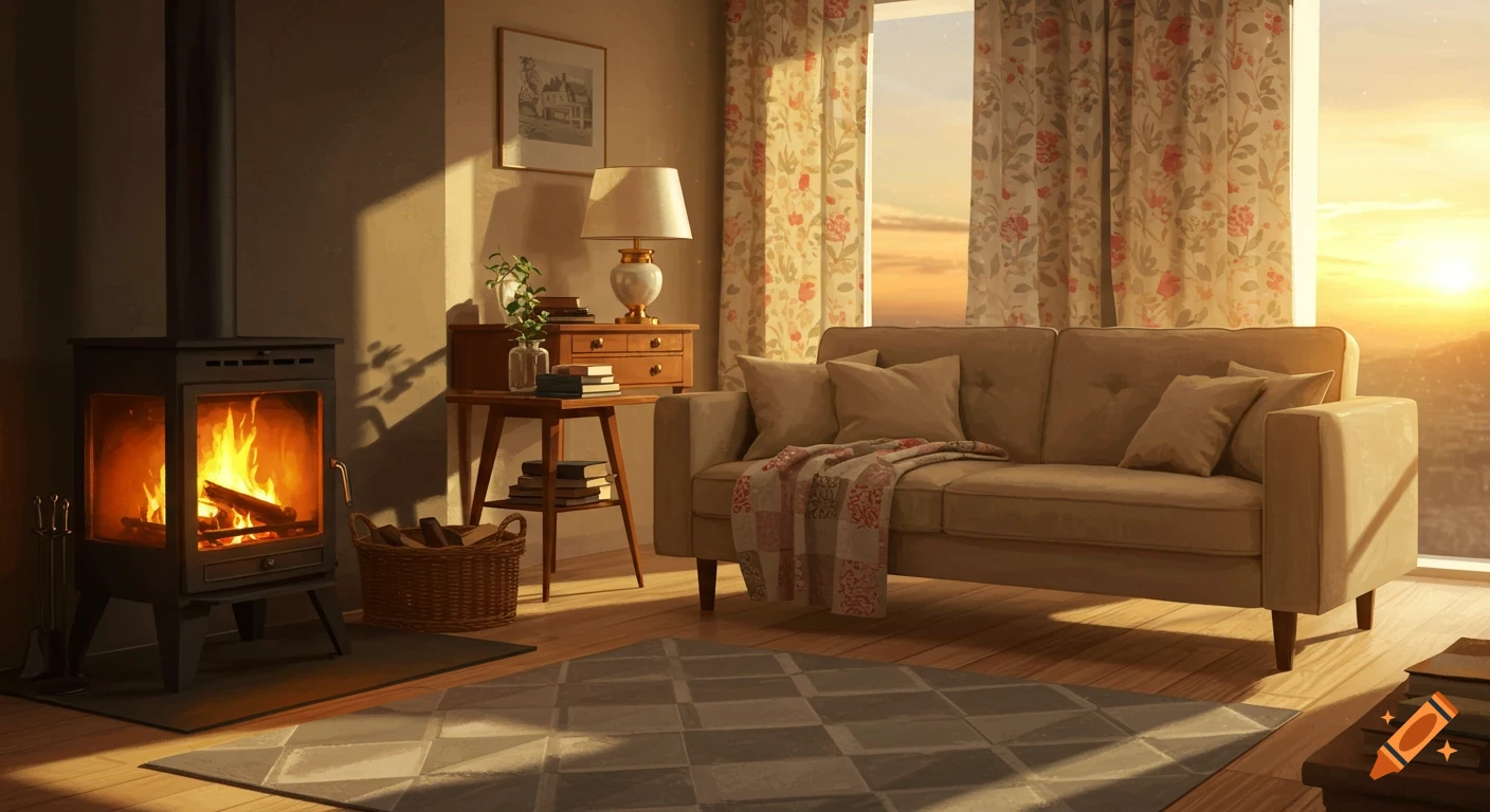 Cozy living room illustration with a lit fireplace, sofa, floral curtains, and warm sunset light streaming through a large window.
