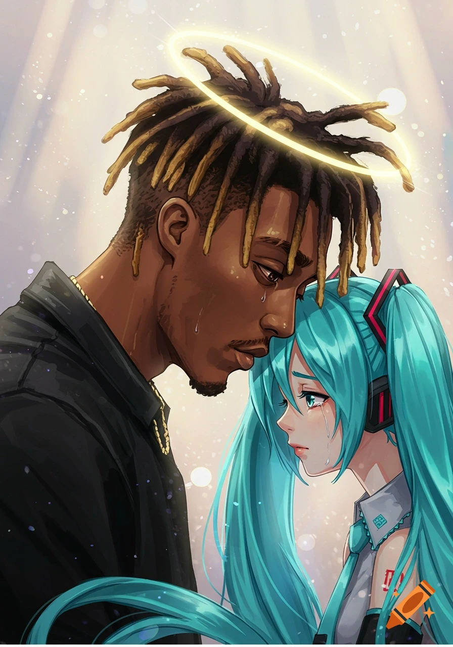 An emotional anime illustration of a man with dreadlocks and a halo looking sadly at a crying Hatsune Miku.