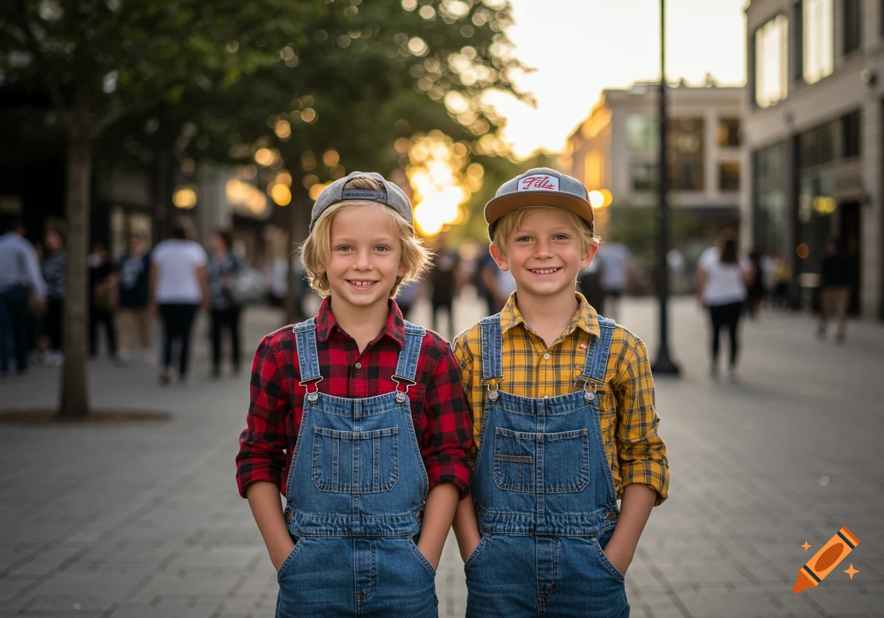 Two smiling boys in denim overalls and plaid shirts stand on a blurred city street with buildings and trees.