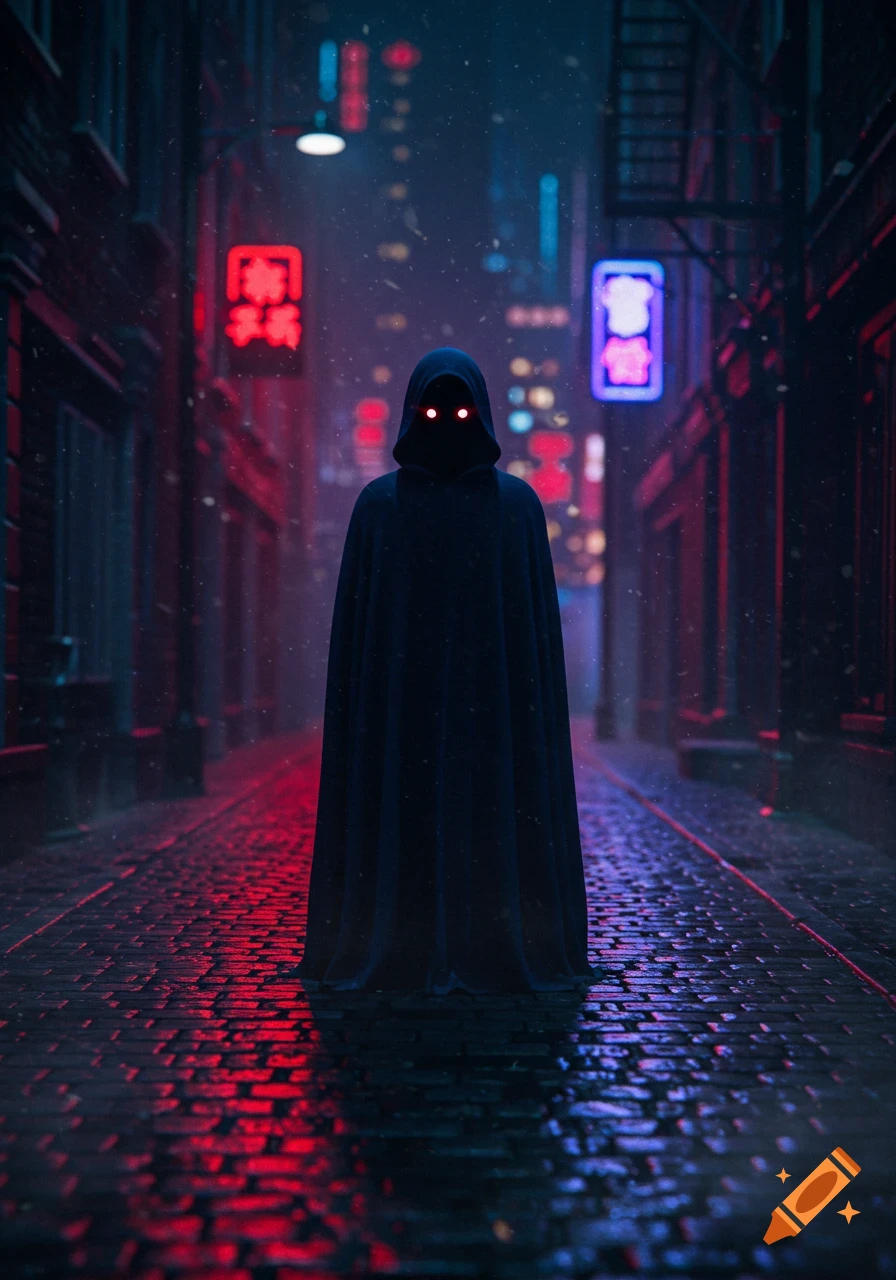 A dark cloaked figure with glowing red eyes stands in a rainy, neon-lit cyberpunk alley at night.