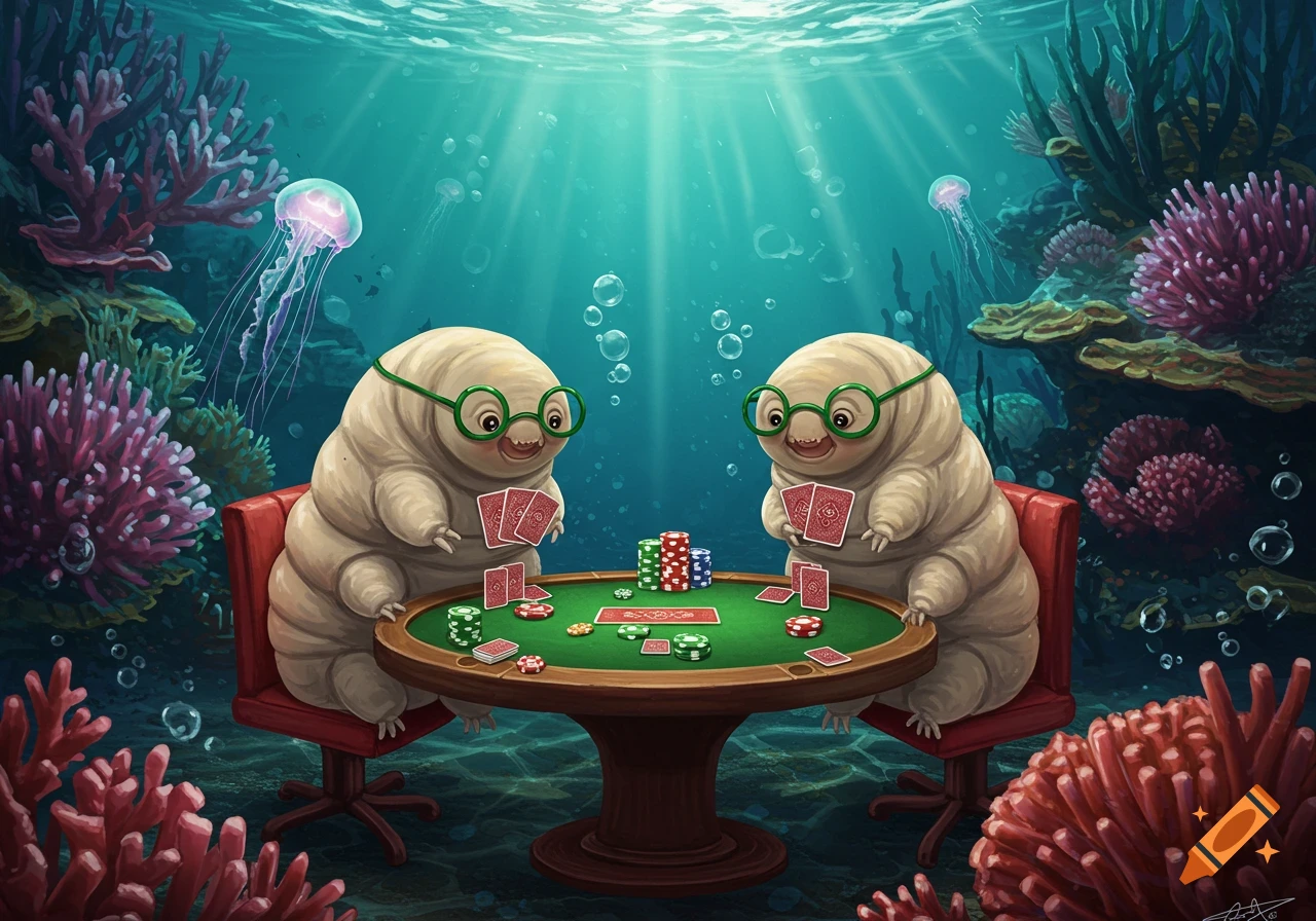 Two smiling, bespectacled tardigrades play poker at an underwater table amidst coral and jellyfish in a whimsical illustration.