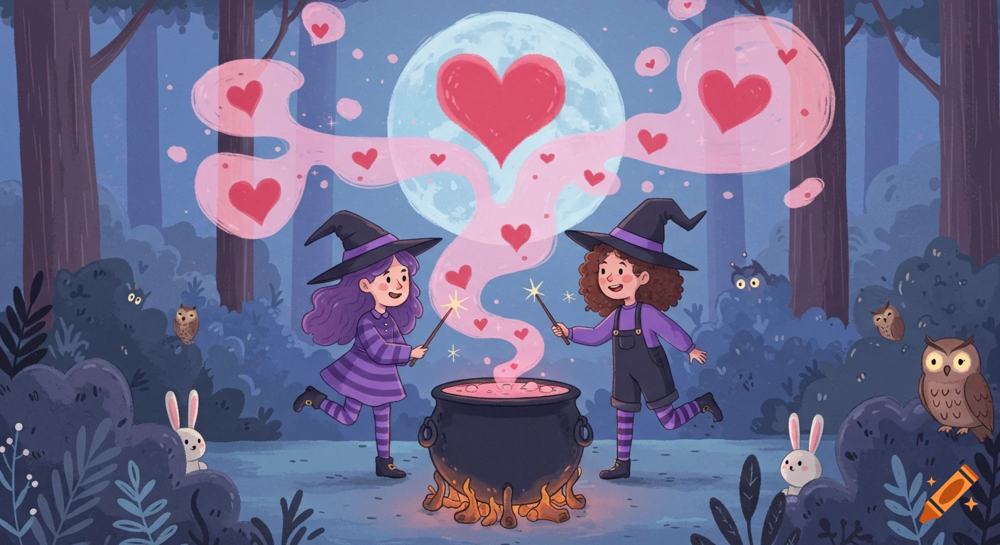 Two cute cartoon witches cast a love spell with wands over a cauldron, releasing pink heart smoke under a full moon in a magical forest with owls and bunnies.