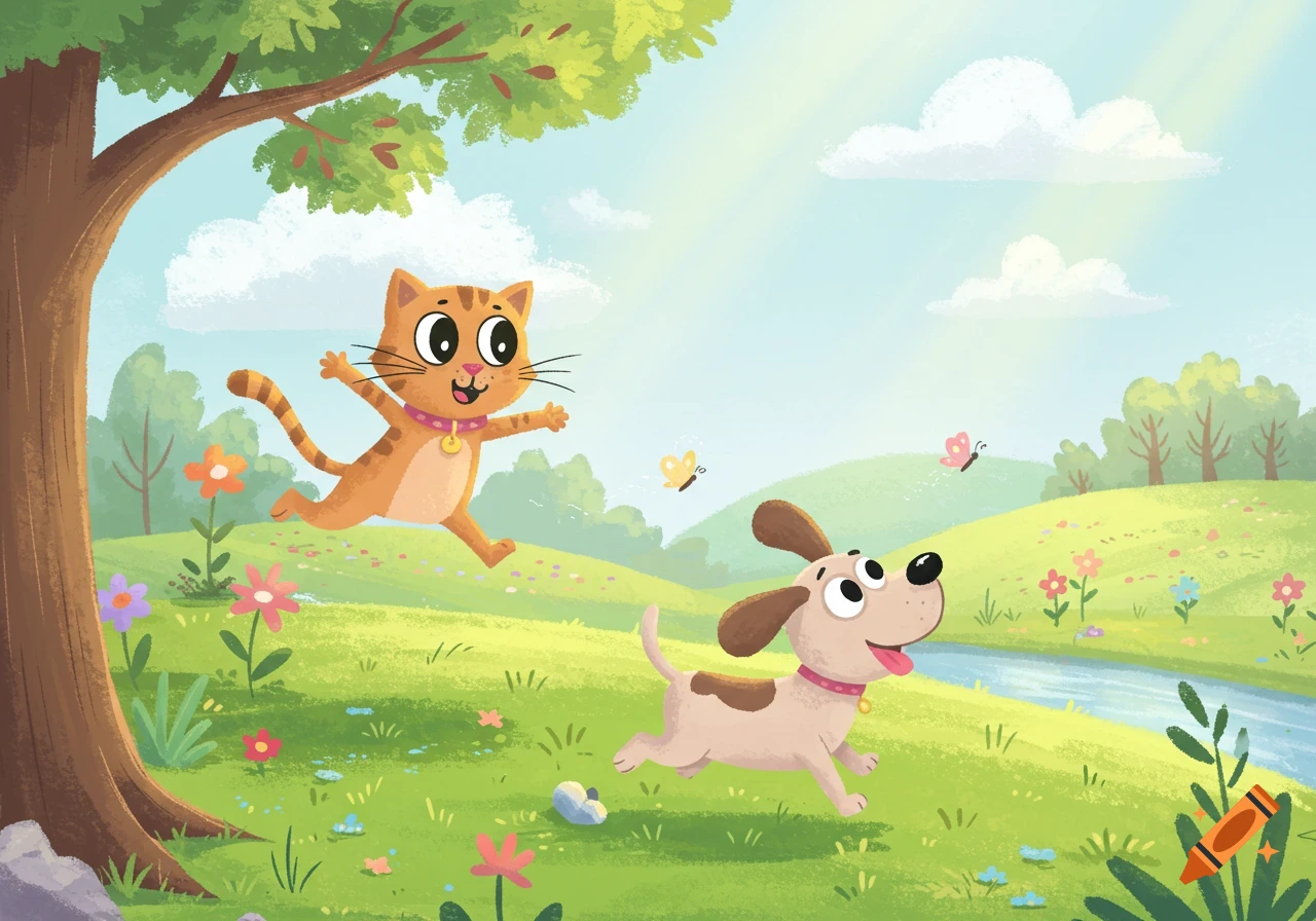 A playful cartoon cat and dog chase butterflies in a sunny, green field with flowers, a tree, and a stream.