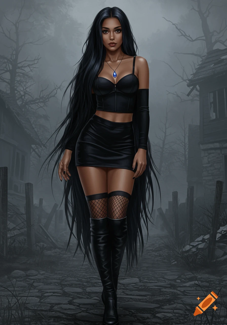 A dark-skinned woman with long black hair, in a black bustier, mini skirt, fishnets, and boots, stands in a foggy, deserted village.