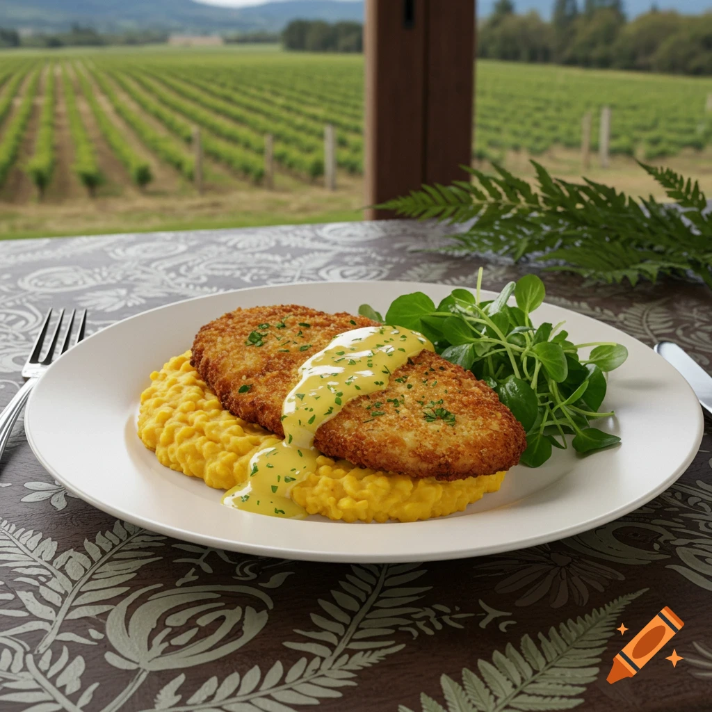Fried cutlets with yellow sauce and greens on a plate, set on a patterned table with a vineyard view. Photorealistic.