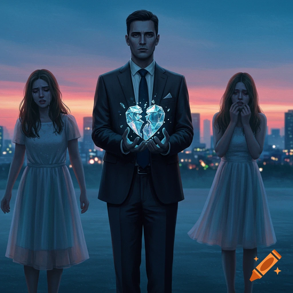 A man in a suit holds a glowing broken heart while two women cry beside him, against a city skyline at dusk, digital art style.