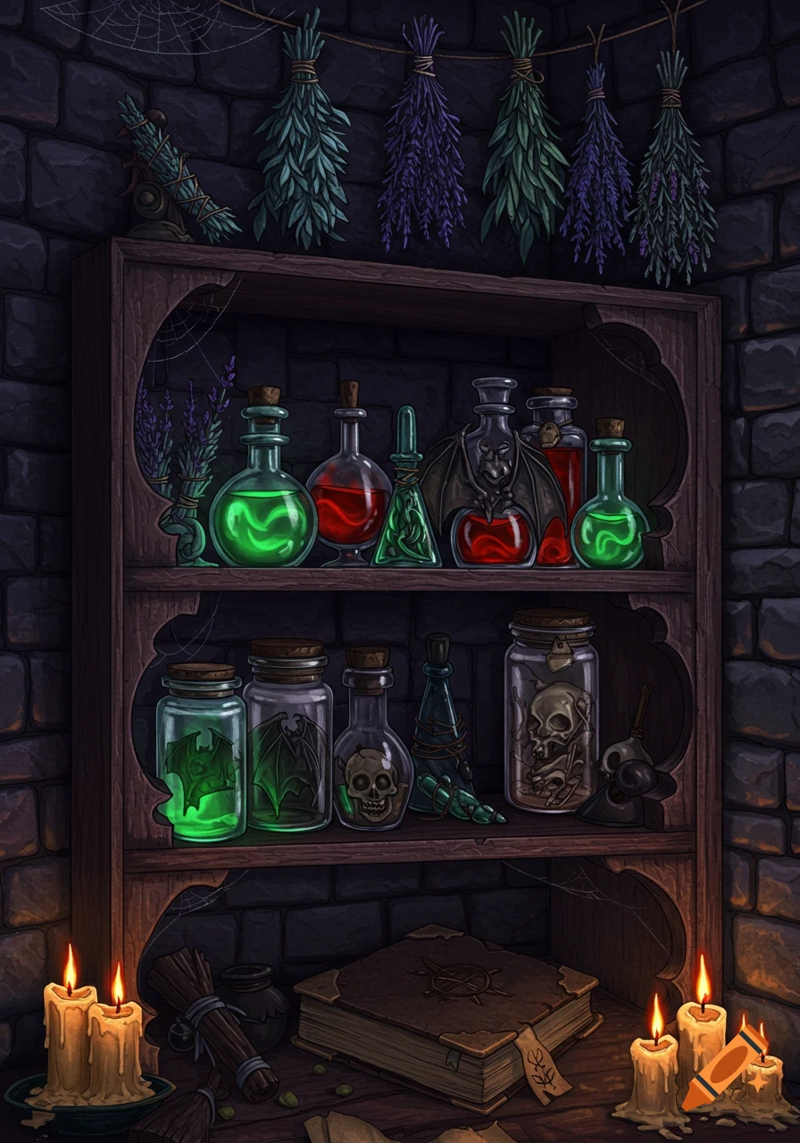 A dark wooden shelf with glowing potions, jars containing skulls and bat wings, hanging herbs. Lit candles and a spellbook are below.