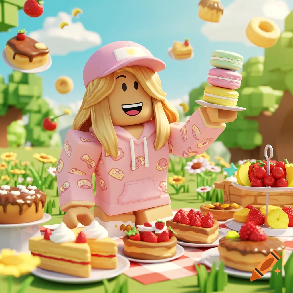 Smiling Roblox girl in pink hoodie holds macarons at a sunny picnic filled with cakes, pies, and fruits in a cheerful cartoon style.