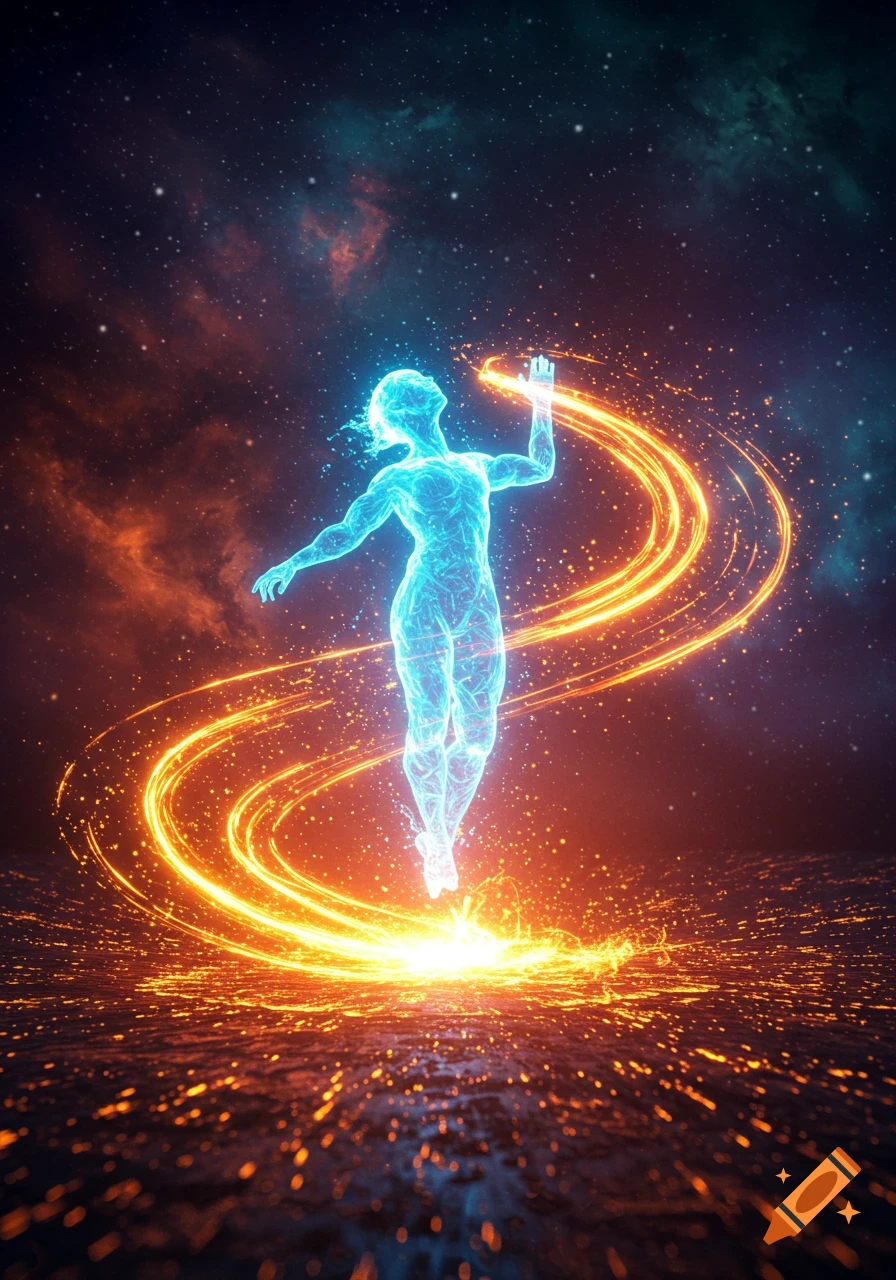 A luminous, ethereal blue figure floats, surrounded by swirling orange energy against a dark, cosmic background with nebulae and glowing particles.
