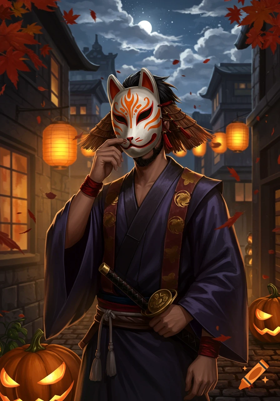 Man in a Kitsune fox mask and purple kimono holding a katana, standing on a pumpkin-decorated street at night.