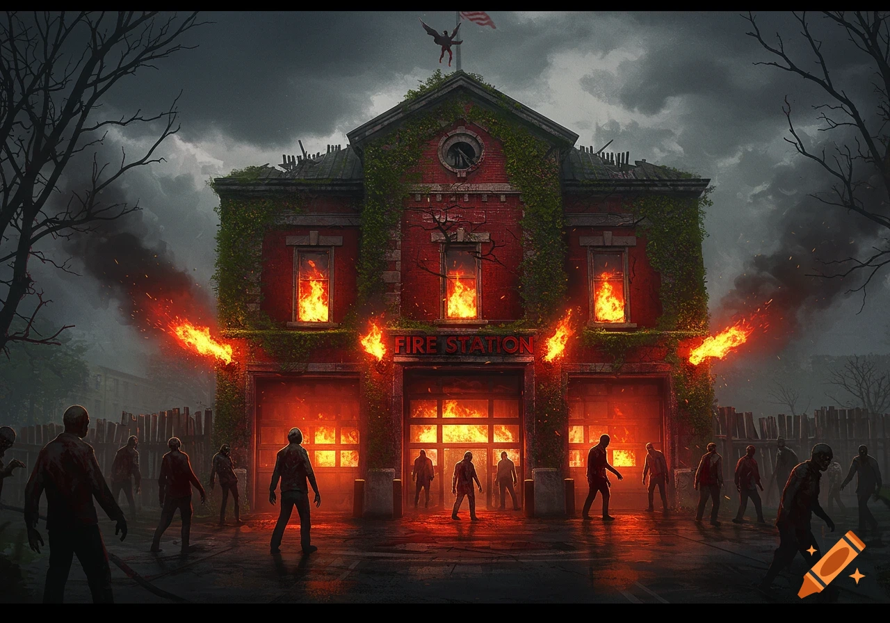 Zombies gather outside a burning, overgrown fire station under a dark, stormy sky in a post-apocalyptic scene.