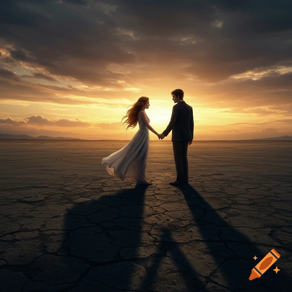A man and woman hold hands in a vast, cracked desert under a dramatic orange and purple sunset.
