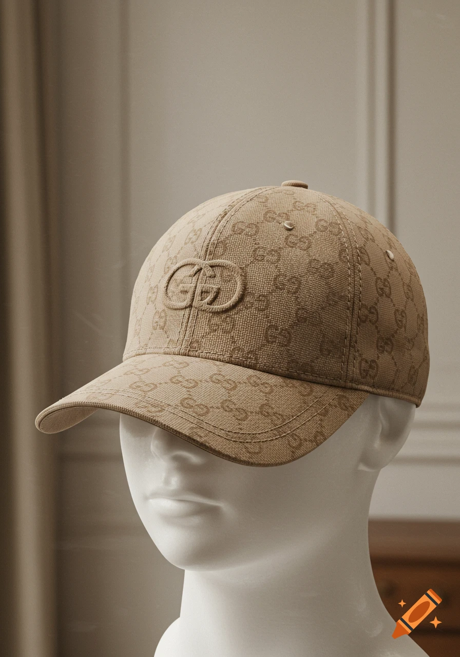 Photorealistic image of a beige Gucci baseball cap with a 'GG' logo on a white mannequin head.